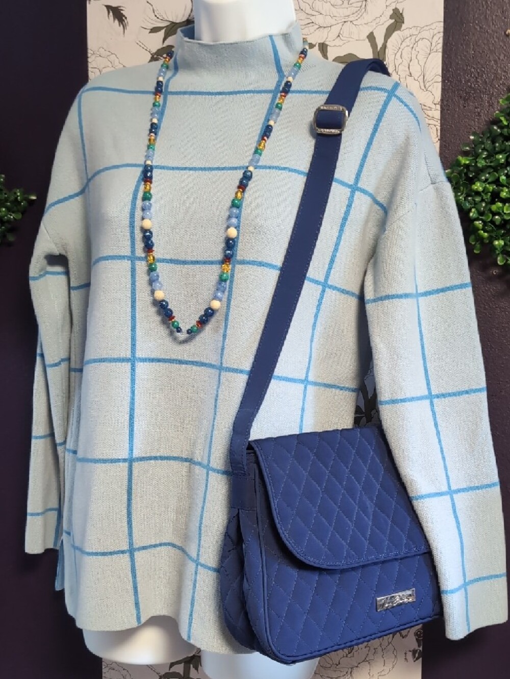 LOFT Light Blue Grid Mock Neck Sweater